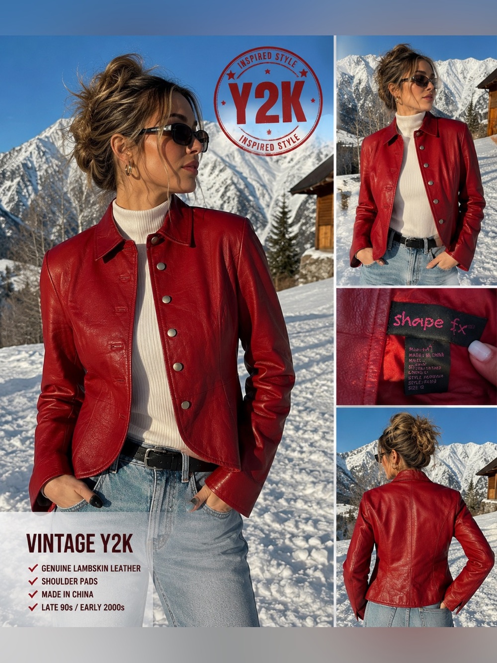 Vintage Y2K/ Late 90’s Genuine Leather Jacket Button Front Shoulder Pad